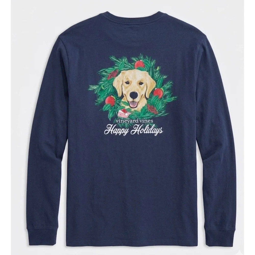 Vineyard Vines Mens XL Navy Blue Happy Holidays Golden Retriever Pocket T-Shirt